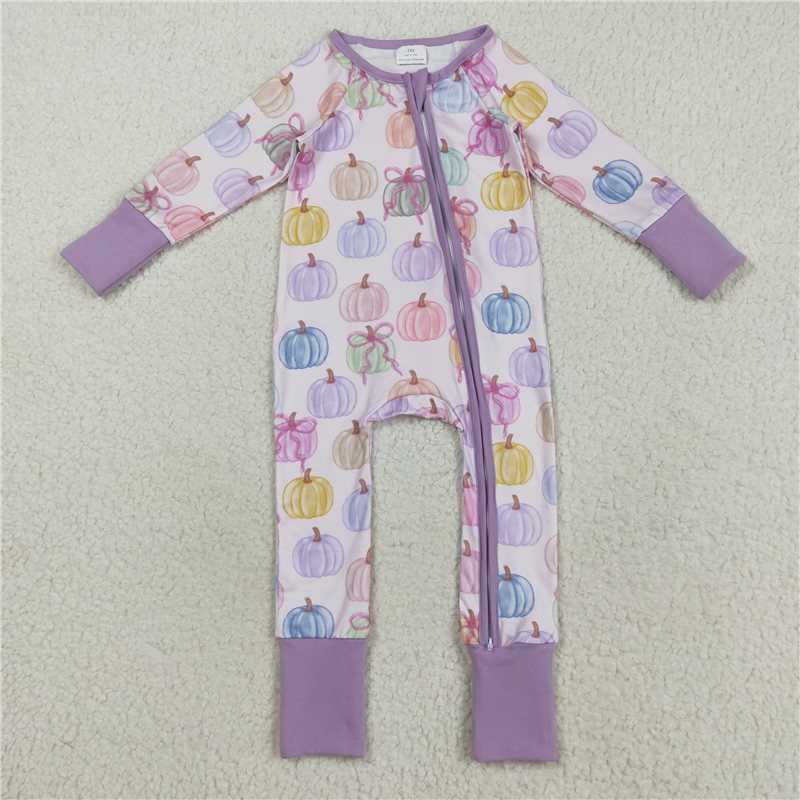 X8.18 LR2442 Long-sleeved zip-up bodysuit with a colorful pumpkin pink and purple bow pattern