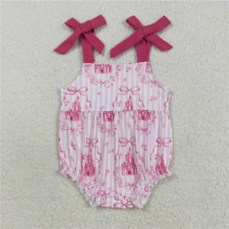X828 SR3077 Castle Bow Flower Pink and White Vertical Striped Camisole Bodysuit