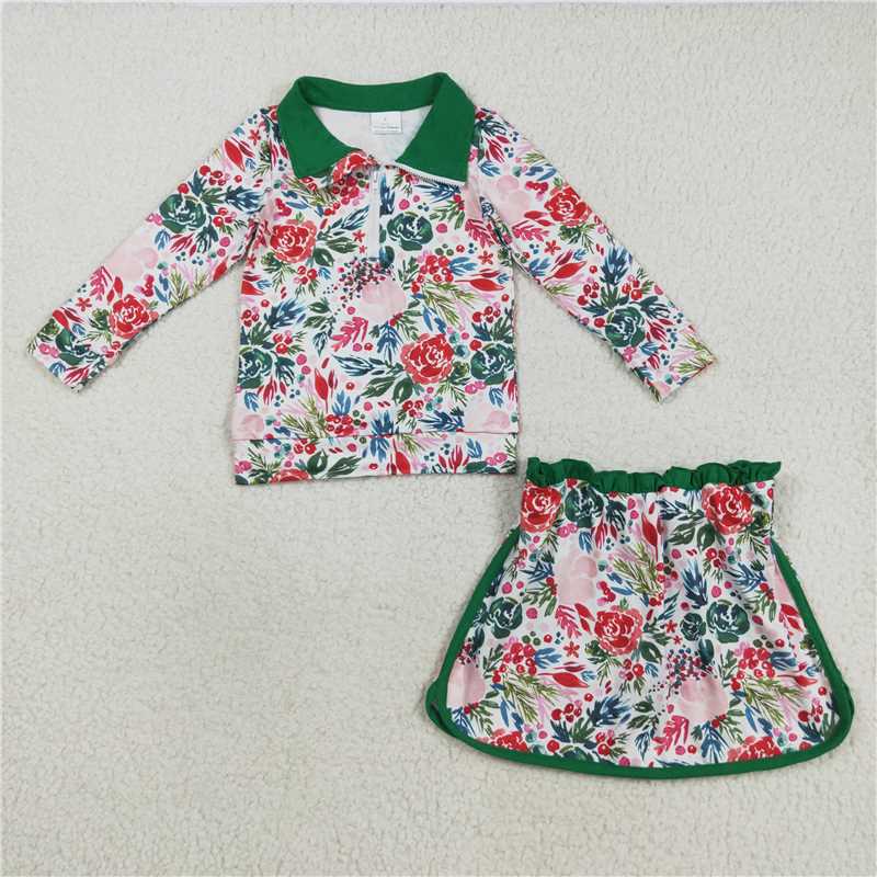 X8.16 GLD1075 Floral and leaf green and white zippered long-sleeved skirt set