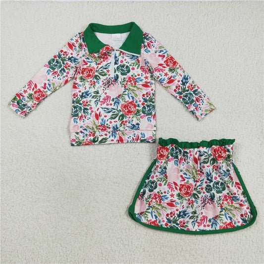 X8.16 GLD1075 Floral and leaf green and white zippered long-sleeved skirt set