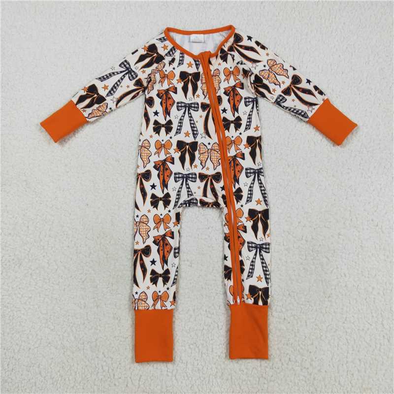 X8.16  LR2409 Orange long-sleeved zip-up bodysuit with bow pattern and stars
