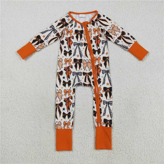 X8.16  LR2409 Orange long-sleeved zip-up bodysuit with bow pattern and stars