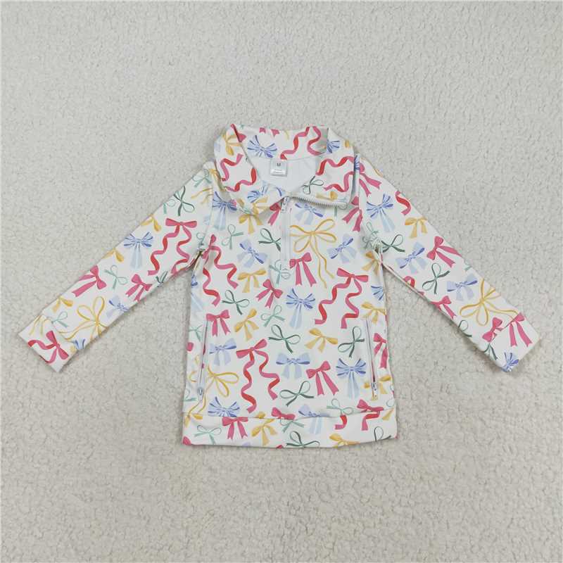 X8.16 GT1065 Beige long-sleeved yoga top with a colorful bow pattern and zipper