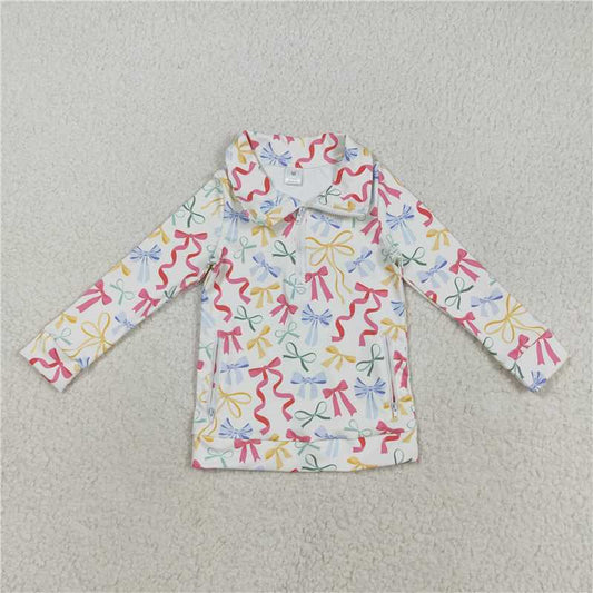 X8.16 GT1065 Beige long-sleeved yoga top with a colorful bow pattern and zipper