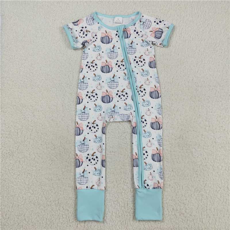 X8.18  SR3109 Pumpkin blue and white short-sleeved zip-up bodysuit with a bow pattern
