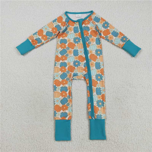 X8.18 LR2461 Floral Pumpkin Blue Zippered Long-Sleeved Bodysuit