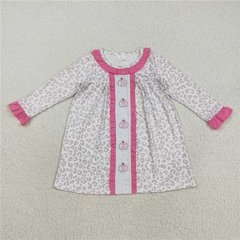 X8.16 GLD1054 Embroidered leopard print pumpkin bow long-sleeved pink lace dress