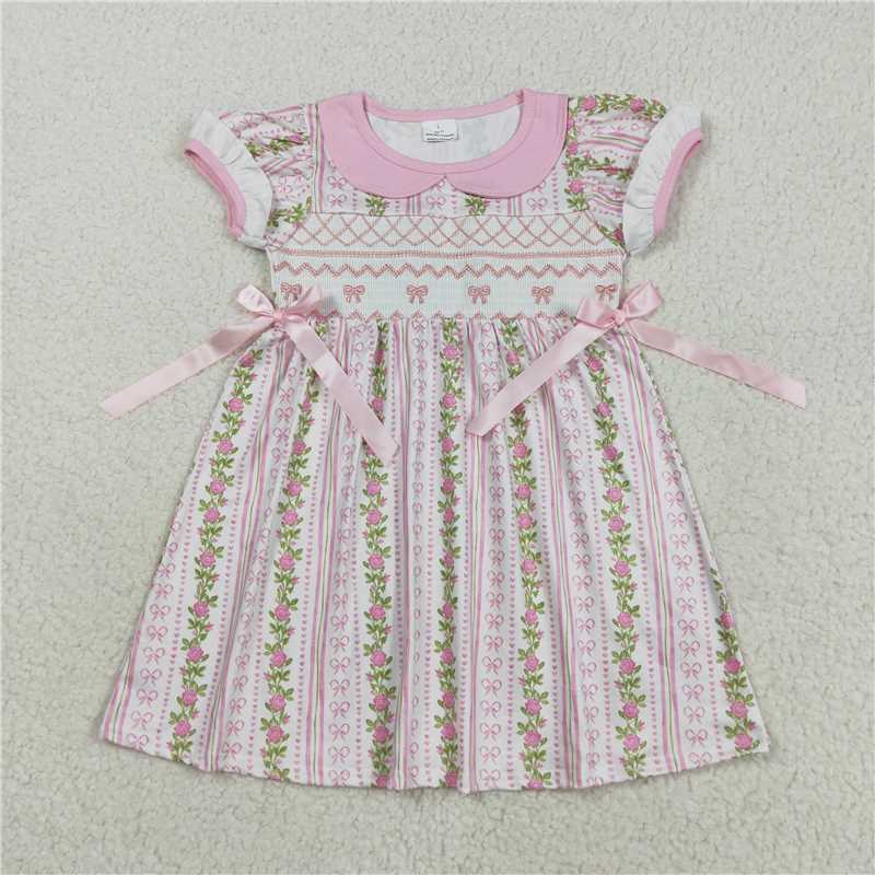 X8.18  GSD2717 Pink short-sleeved dress with embroidered bow pattern and floral motifs, featuring a baby doll collar.