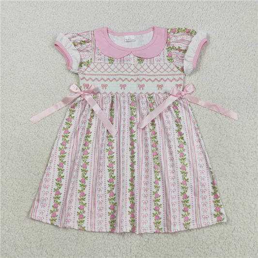 X8.18  GSD2717 Pink short-sleeved dress with embroidered bow pattern and floral motifs, featuring a baby doll collar.