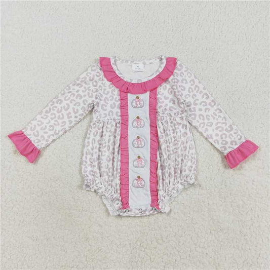 X829  LR2220 Embroidered leopard print pumpkin bow long-sleeved bodysuit with pink lace