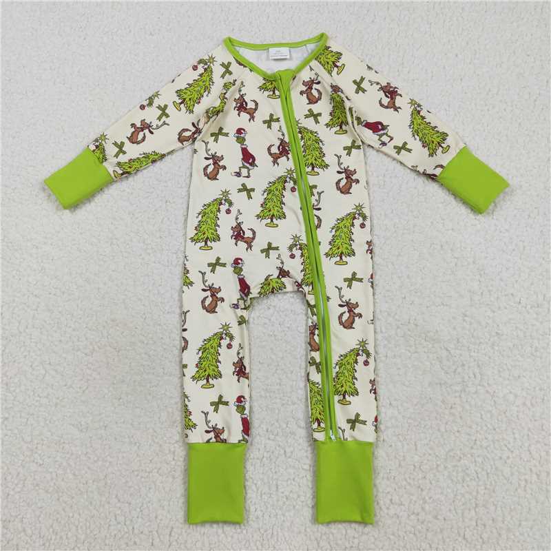 X830 LR2481 Grinch Christmas Tree Puppy Green Bow Pattern Zipper Long-Sleeved Bodysuit