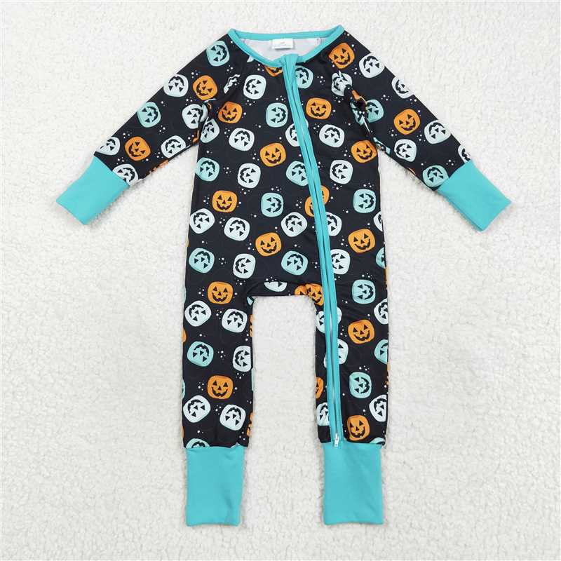 X830 LR2465 Halloween Pumpkin Black and Blue Zipper Long Sleeve Bodysuit