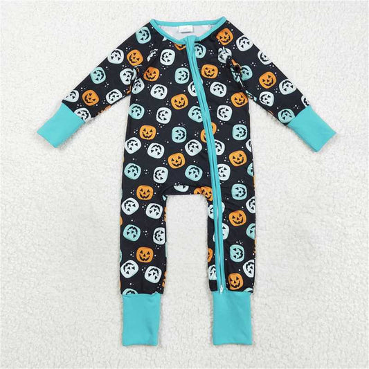 X830 LR2465 Halloween Pumpkin Black and Blue Zipper Long Sleeve Bodysuit