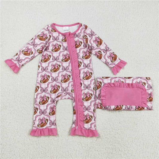 X829  LR2361 Pink lace plaid zip-up long-sleeved bodysuit with a rugby bow pattern