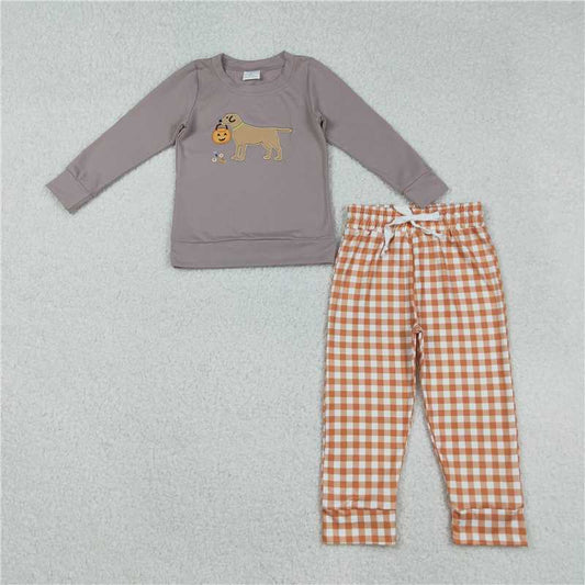 X10.11  BLP1098 Embroidered Halloween Jack-O'-Lantern Puppy Long-Sleeve Orange Plaid Pants Set