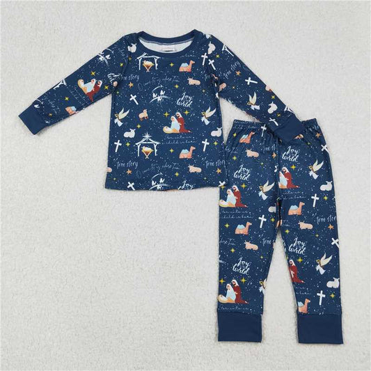 X918 BLP1198 World Jesus Blue Long-Sleeved Pants Pajama Set