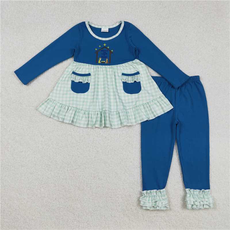 X915 GLP2625 Embroidered Jesus Green Plaid Lace Pocket Blue Long-Sleeved Pants Set