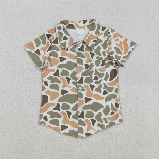 X10.11  BT1345 Carnival green, yellow, and purple camouflage button-down short-sleeved top