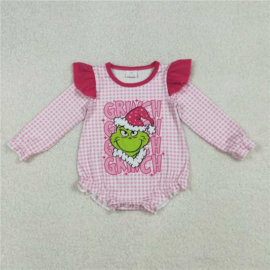 X107  LR2554 Grinch Rose Lace Pink Plaid Long-Sleeved Bodysuit