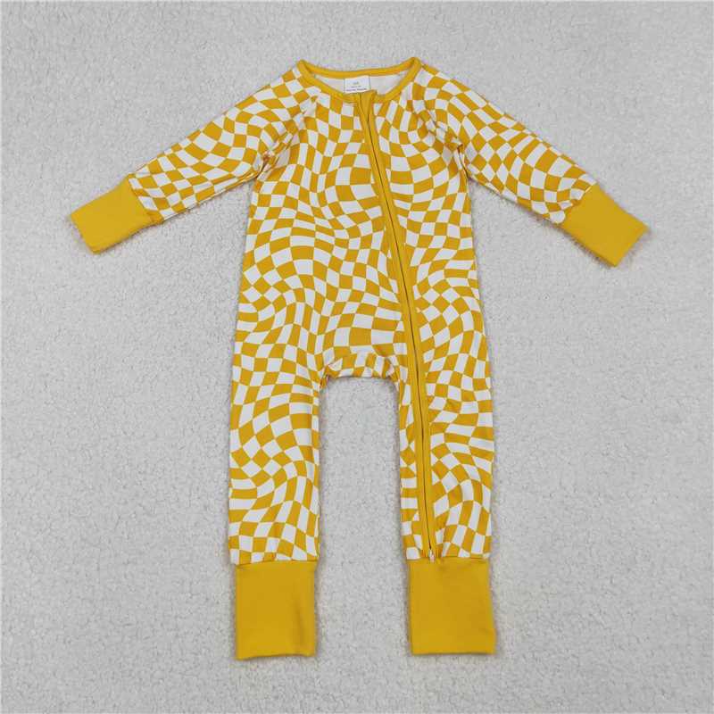 X10.13 LR1089 Yellow plaid zip-up long-sleeved bodysuit