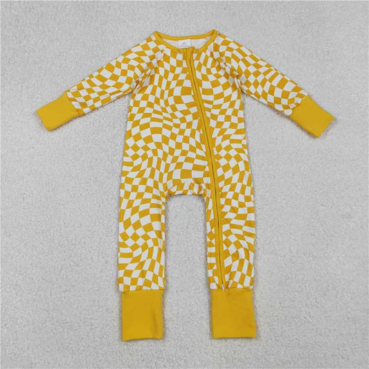 X10.13 LR1089 Yellow plaid zip-up long-sleeved bodysuit