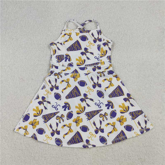 X106 GSD2781 Football flared yellow and purple bow pattern yoga sleeveless dress