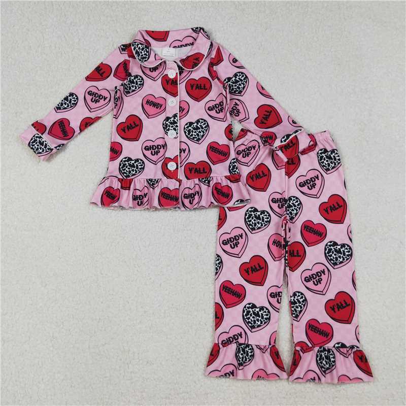X106  GLP2843 Valentine's Day Letter Heart Pink Plaid Button-Down Long-Sleeved Pants Pajama Set