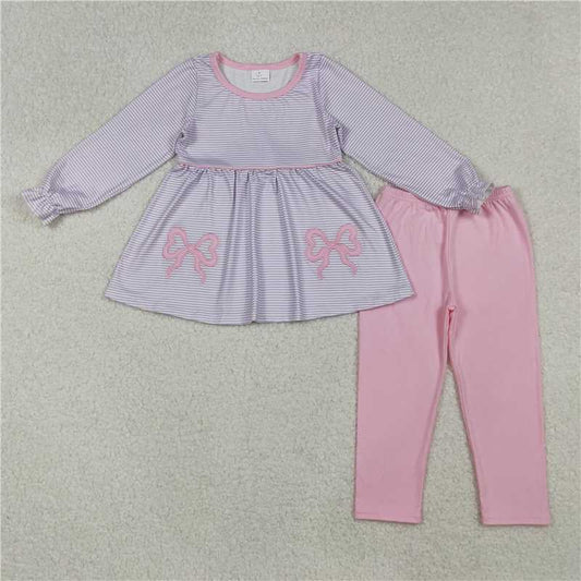 X106 GLP2696 Embroidered pink bow and purple striped long-sleeved pant suit