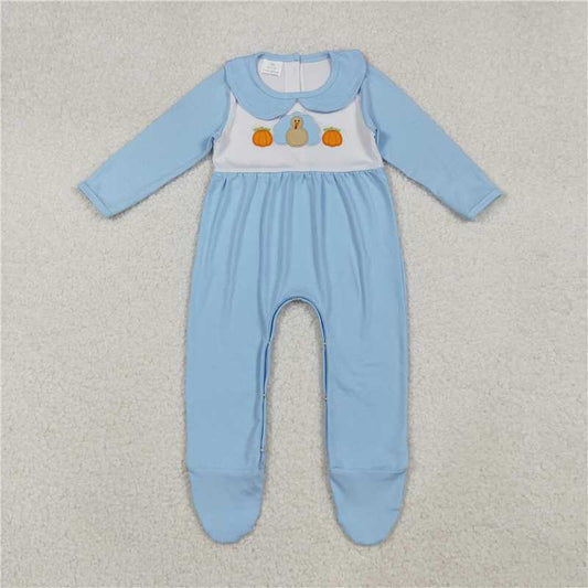 X108  LR2562 Embroidered Pumpkin Turkey Blue Long-Sleeved Bodysuit