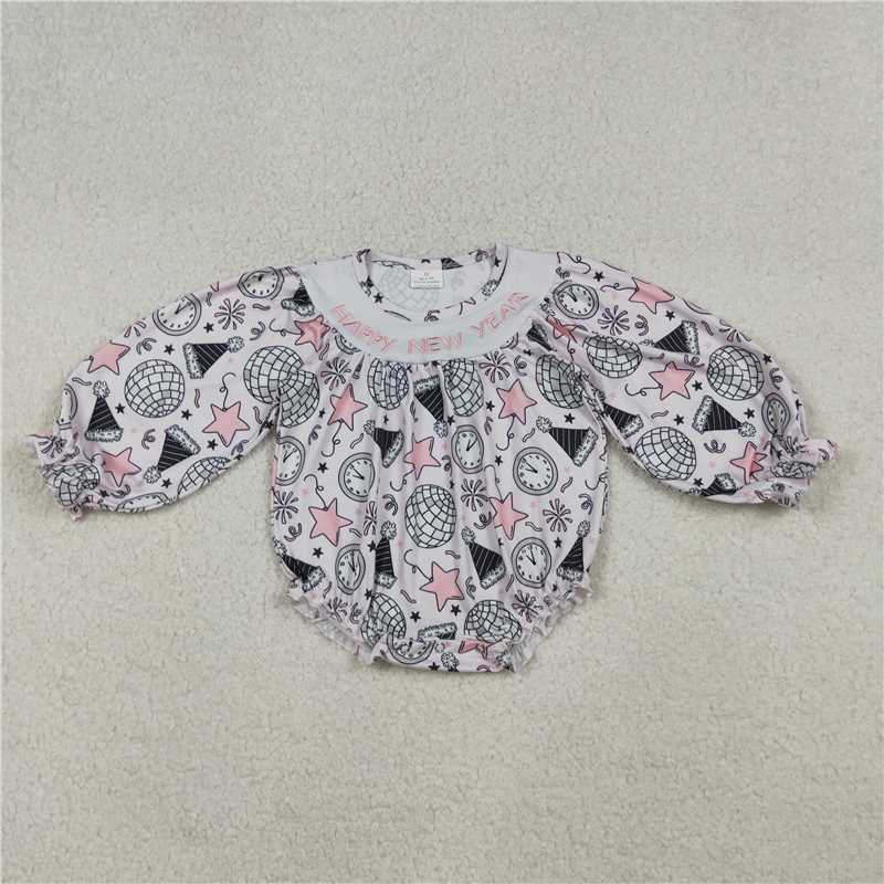 X108 LR2493 Pink long-sleeved bodysuit with embroidered Happy New Year stars, fireworks, and lights
