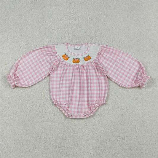 X108  LR2181 Smocked embroidered bow pumpkin pink plaid long-sleeved bodysuit