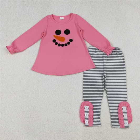 X109 GLP2728 Embroidered Christmas snowman face pink long-sleeved off-white striped trouser suit