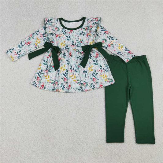 X106 GLP2476 Leaf Green Bow Lace Long-Sleeved Pants Set