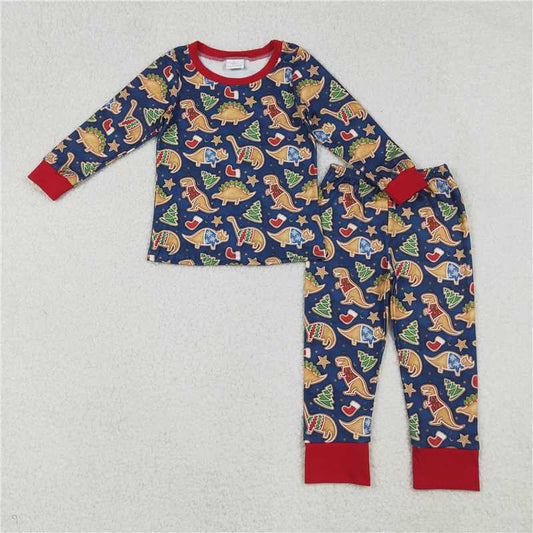 X10.11 BLP1155 Christmas dinosaur socks navy blue long-sleeved shirt and long pants pajama set