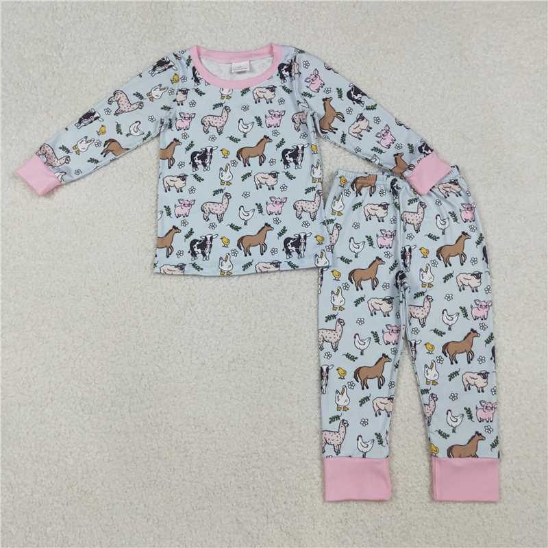 X106 GLP2564 Farm Animal Alpaca Leaf Flower Pastel Blue Long Sleeve Pants Pajama Set