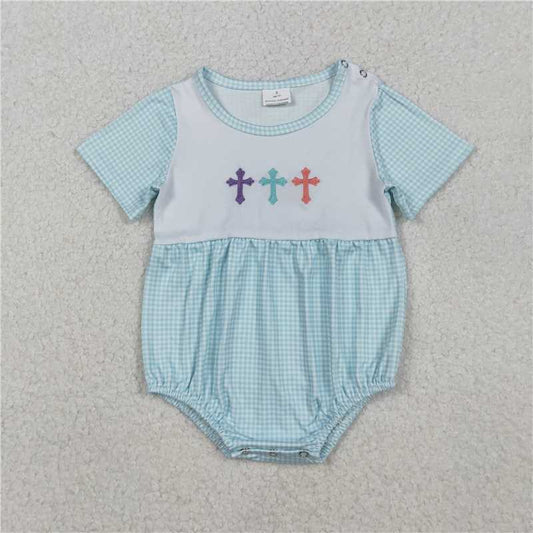 X11.10 SR3215 Embroidered Easter Cross Blue-Green Short-Sleeved Jumpsuit