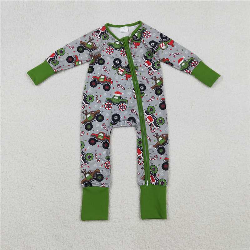 x12.11 LR2669 Christmas Truck Jeep Green Zipper Long-Sleeve Jumpsuit