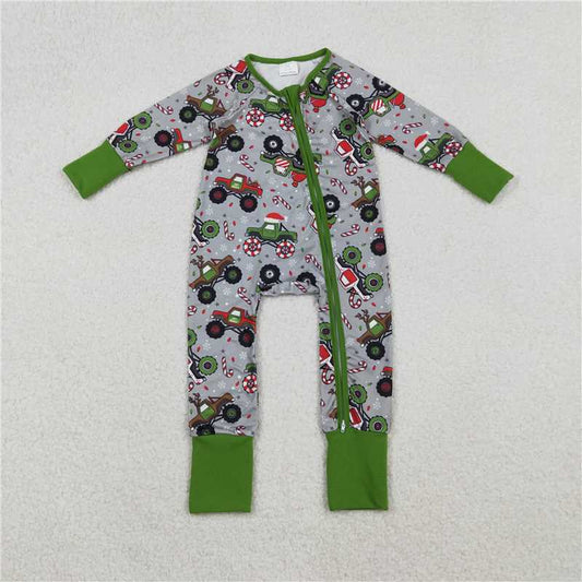 x12.11 LR2669 Christmas Truck Jeep Green Zipper Long-Sleeve Jumpsuit