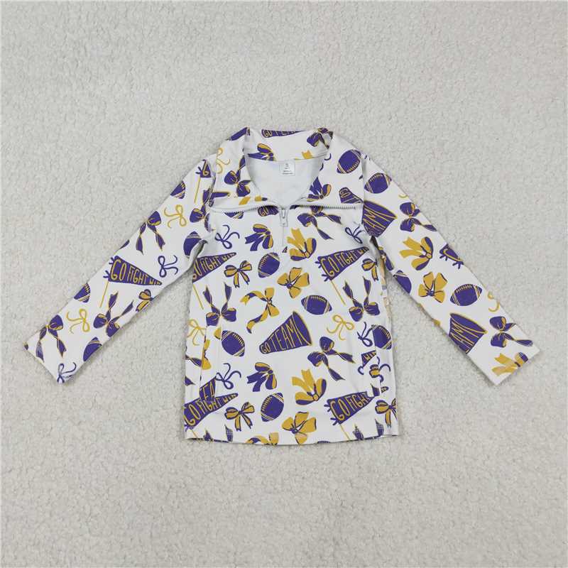 X11.5 GT1226 Football-themed Yellow-Purple Trumpet Bow Pattern Zipper Yoga Long-Sleeved Top