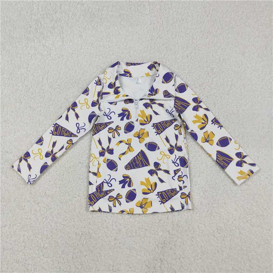 X11.5 GT1226 Football-themed Yellow-Purple Trumpet Bow Pattern Zipper Yoga Long-Sleeved Top