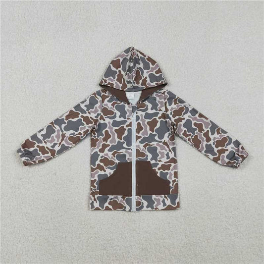 X11.11  BT1376 Camouflage Brown Pocket Hooded Zip-Up Long-Sleeve Top