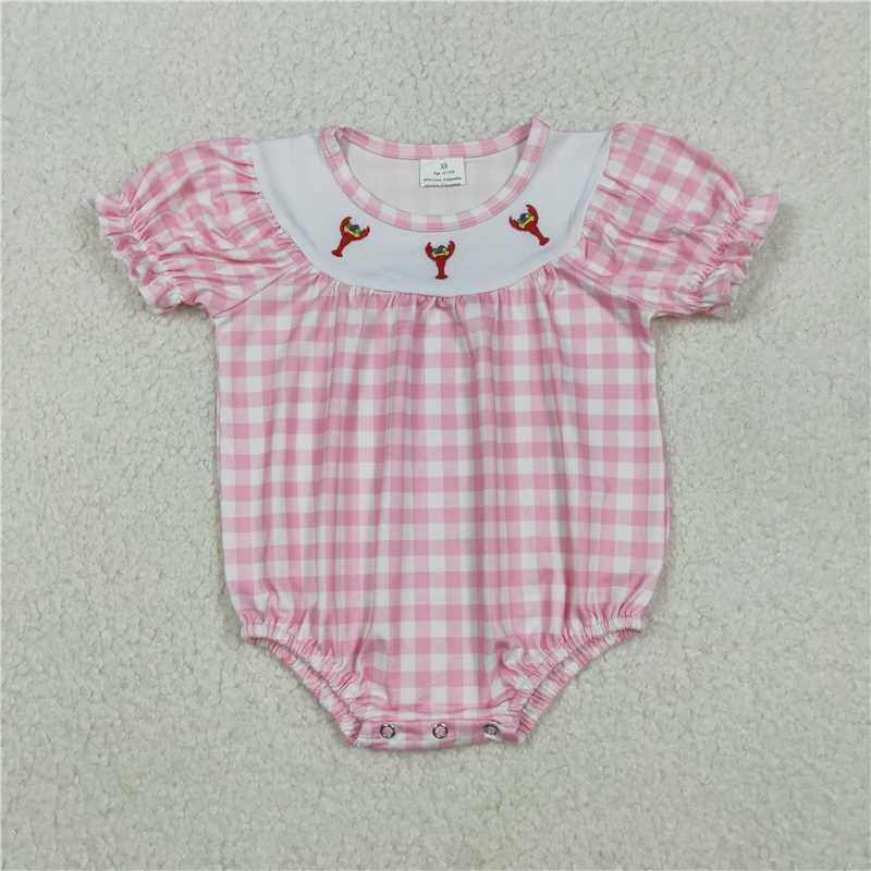 X11.5  SR3256 Embroidered Carnival Lobster Pink and White Checkered Short-Sleeve Jumpsuit