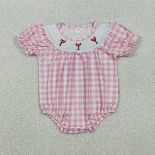 X11.5  SR3256 Embroidered Carnival Lobster Pink and White Checkered Short-Sleeve Jumpsuit