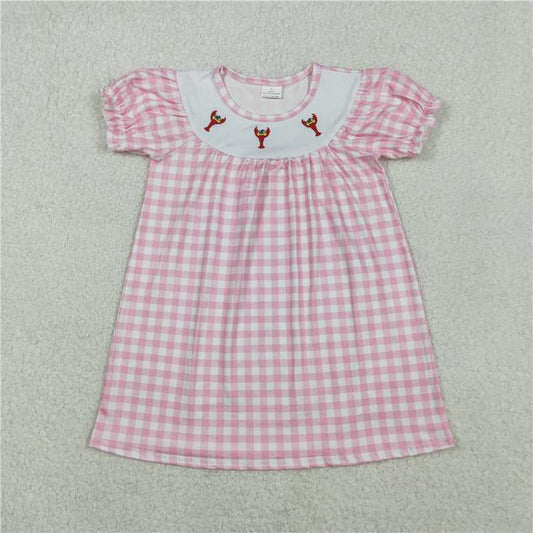X12.2 GSD2853 Embroidered Carnival Crayfish Pink and White Checkered Short-Sleeve Dress
