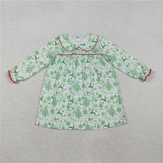 X11.5 GLD1345 Christmas Tree Snowman Green and White Peter Pan Collar Long-Sleeved Dress