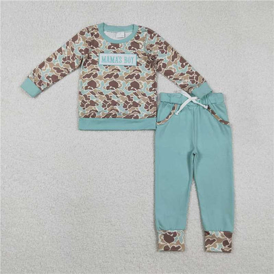 X11.10 BLP1336 Embroidered Mama's Boy Blue-Green-Brown Camouflage Long-Sleeved Pants Set