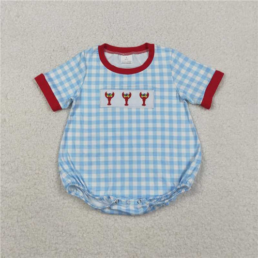 X11.10  SR3257 Embroidered Carnival Lobster Blue and White Checkered Short-Sleeve Jumpsuit
