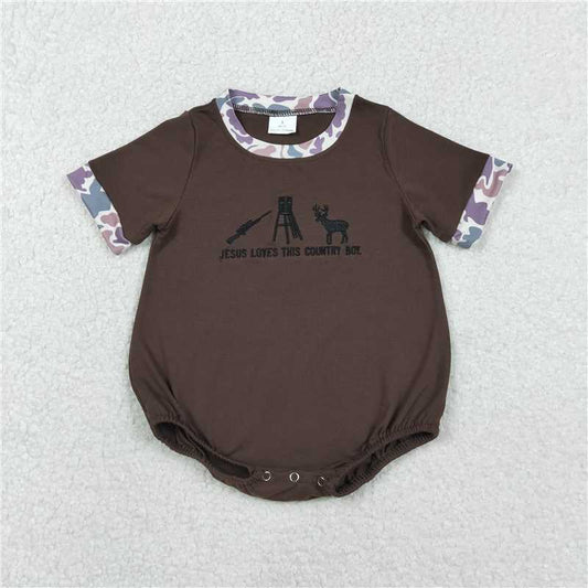 X11.10  SR3280 jesus loves this country boy embroidered letter shotgun elk camouflage brown short-sleeved jumpsuit