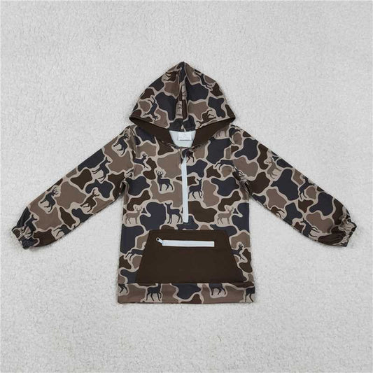 X11.11  BT1348 Reindeer Camouflage Dark Brown Zipper Pocket Hooded Long-Sleeve Top