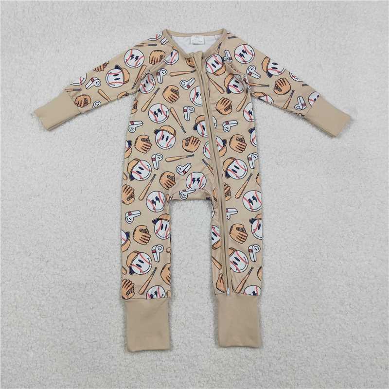 x12.11  LR2816 Baseball Smiley Face Khaki Zipper Long-Sleeve Jumpsuit